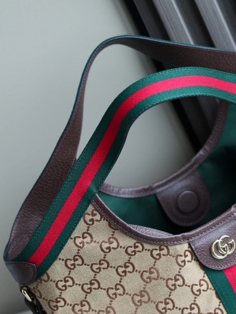 Canvas Cotton Supreme GIG Small Tote w/ Green/Red Stripe Brown LeatherTrim/strap - Picture 6 of 16